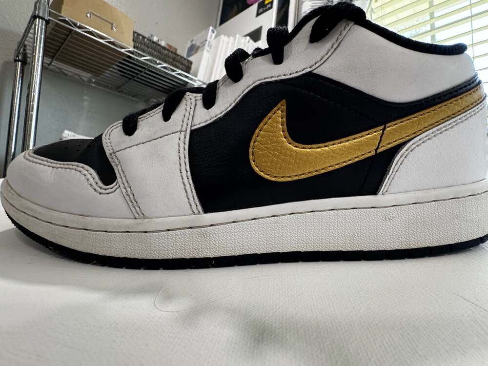Air Jordan 1 Low 'White Metallic Gold-Black' Sneakers - Picture 2 of 13